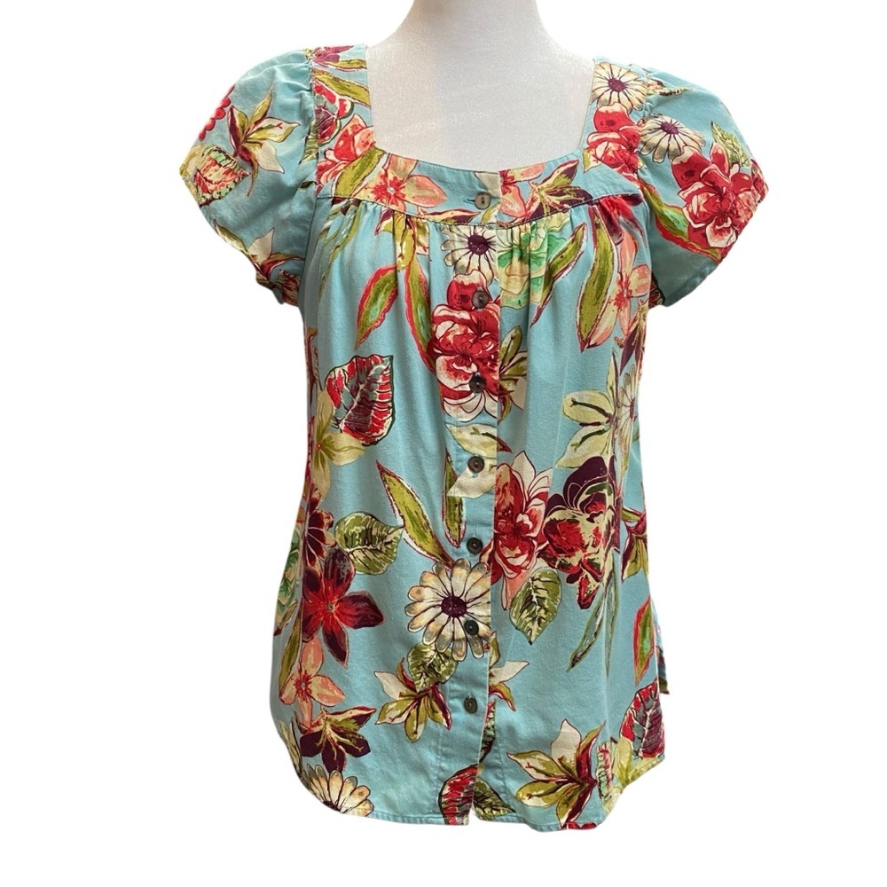 Van Heusen Women size small button up blue floral puff sleeve peasant blouse top